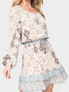 Gibsonlook Boho Floral Long Sleeve Flowy Tie Waist Mini Dress Cottagecore Folk
